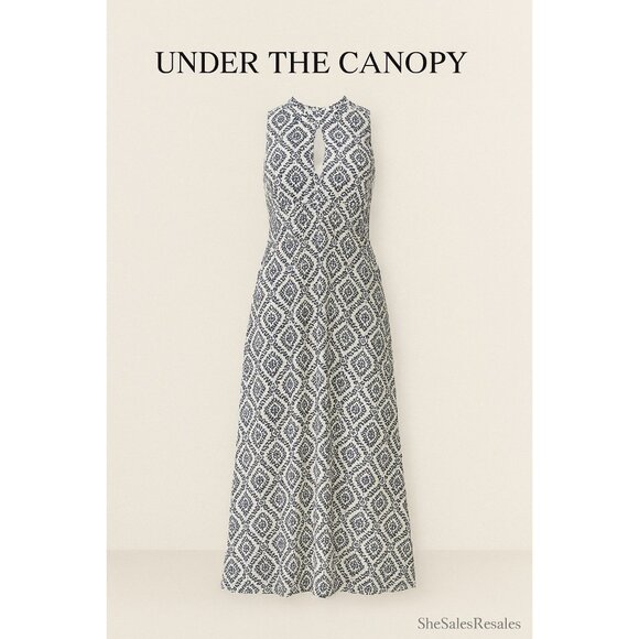 Under the Canopy Silk Maxi Dress Blue White Boho Print Sleeveless Keyhole Lined - Picture 1 of 13